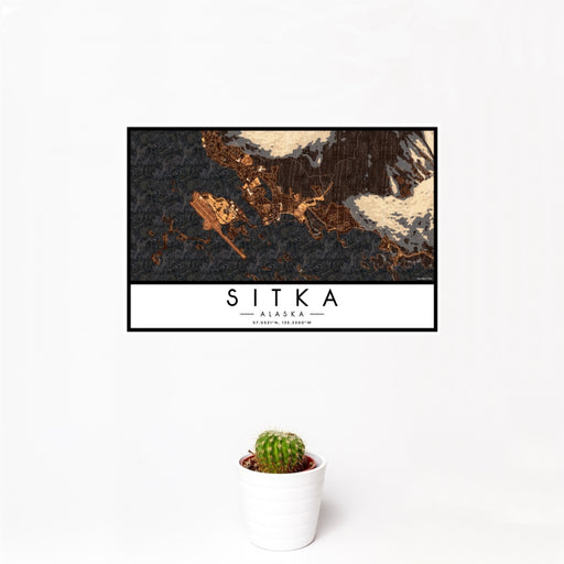 12x18 Sitka Alaska Map Print Landscape Orientation in Ember Style With Small Cactus Plant in White Planter