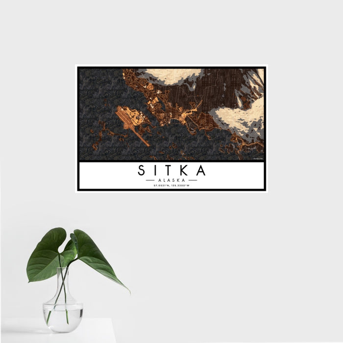16x24 Sitka Alaska Map Print Landscape Orientation in Ember Style With Tropical Plant Leaves in Water