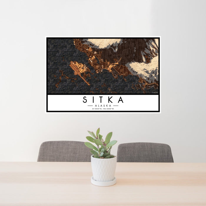 24x36 Sitka Alaska Map Print Landscape Orientation in Ember Style Behind 2 Chairs Table and Potted Plant