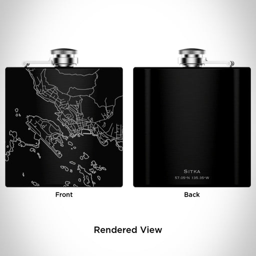 Rendered View of Sitka Alaska Map Engraving on 6oz Stainless Steel Flask in Black