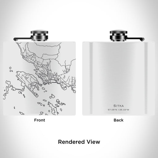 Rendered View of Sitka Alaska Map Engraving on 6oz Stainless Steel Flask in White