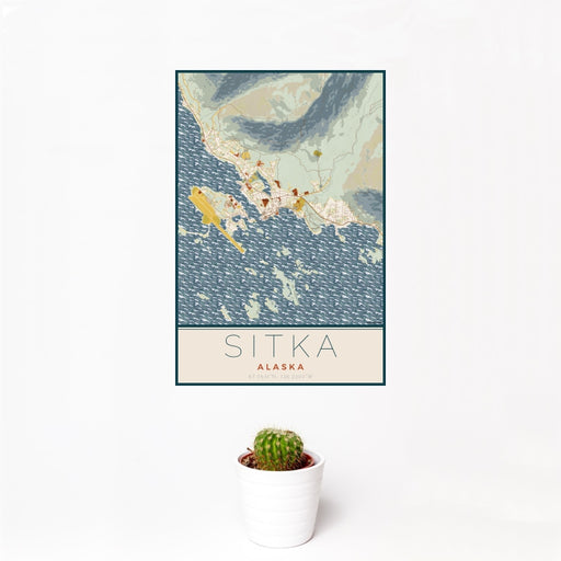 12x18 Sitka Alaska Map Print Portrait Orientation in Woodblock Style With Small Cactus Plant in White Planter
