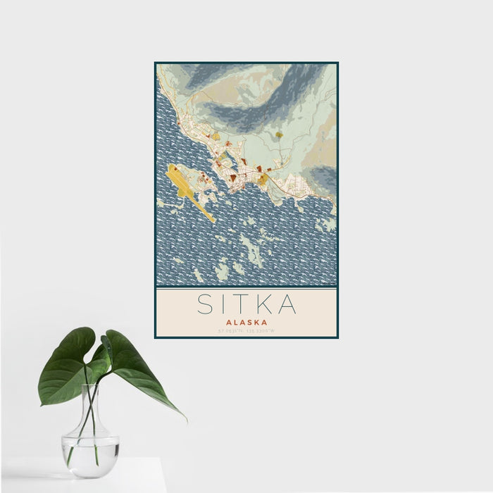 16x24 Sitka Alaska Map Print Portrait Orientation in Woodblock Style With Tropical Plant Leaves in Water