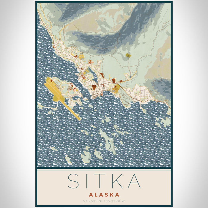 Sitka Alaska Map Print Portrait Orientation in Woodblock Style With Shaded Background