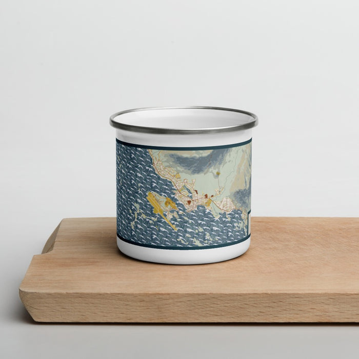 Front View Custom Sitka Alaska Map Enamel Mug in Woodblock on Cutting Board