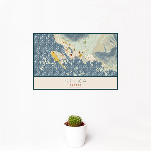12x18 Sitka Alaska Map Print Landscape Orientation in Woodblock Style With Small Cactus Plant in White Planter
