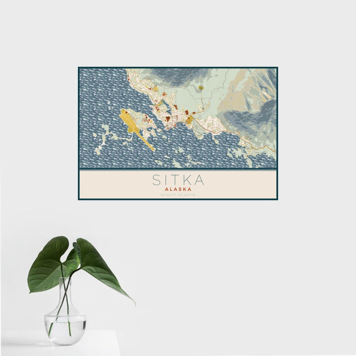 16x24 Sitka Alaska Map Print Landscape Orientation in Woodblock Style With Tropical Plant Leaves in Water