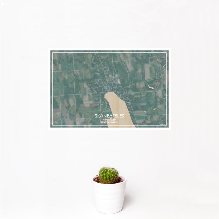 12x18 Skaneateles New York Map Print Landscape Orientation in Afternoon Style With Small Cactus Plant in White Planter