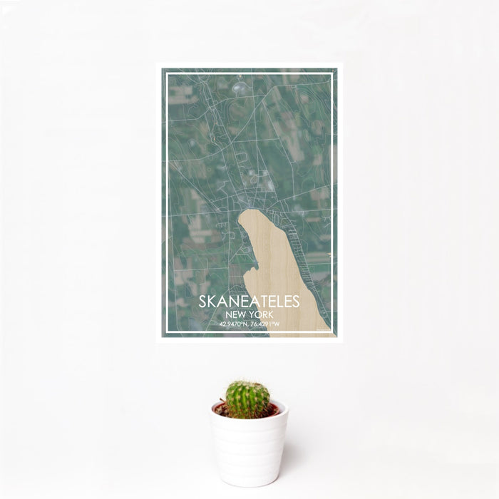 12x18 Skaneateles New York Map Print Portrait Orientation in Afternoon Style With Small Cactus Plant in White Planter