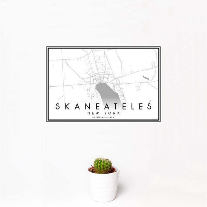 12x18 Skaneateles New York Map Print Landscape Orientation in Classic Style With Small Cactus Plant in White Planter