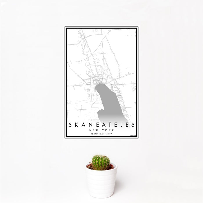 12x18 Skaneateles New York Map Print Portrait Orientation in Classic Style With Small Cactus Plant in White Planter