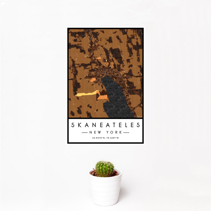 12x18 Skaneateles New York Map Print Portrait Orientation in Ember Style With Small Cactus Plant in White Planter