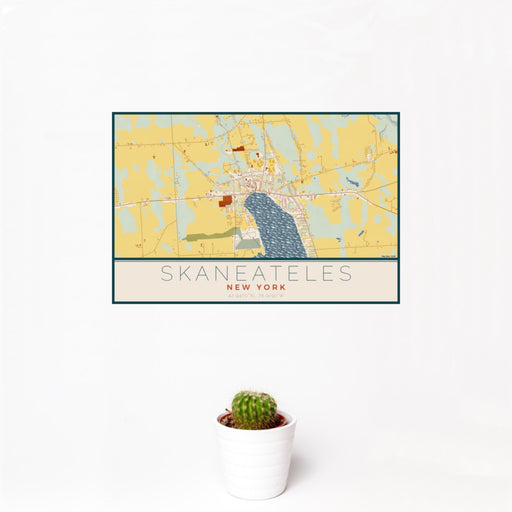 12x18 Skaneateles New York Map Print Landscape Orientation in Woodblock Style With Small Cactus Plant in White Planter