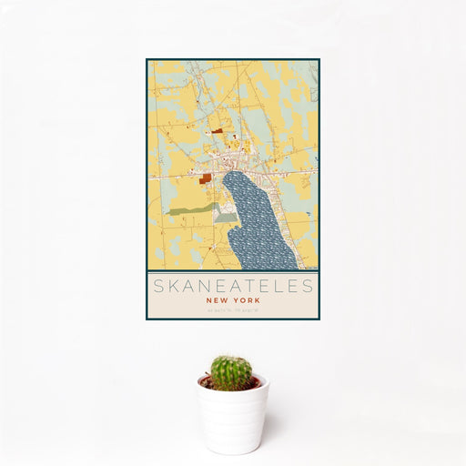 12x18 Skaneateles New York Map Print Portrait Orientation in Woodblock Style With Small Cactus Plant in White Planter