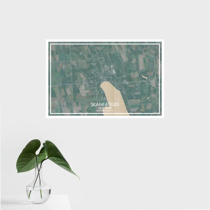 16x24 Skaneateles New York Map Print Landscape Orientation in Afternoon Style With Tropical Plant Leaves in Water