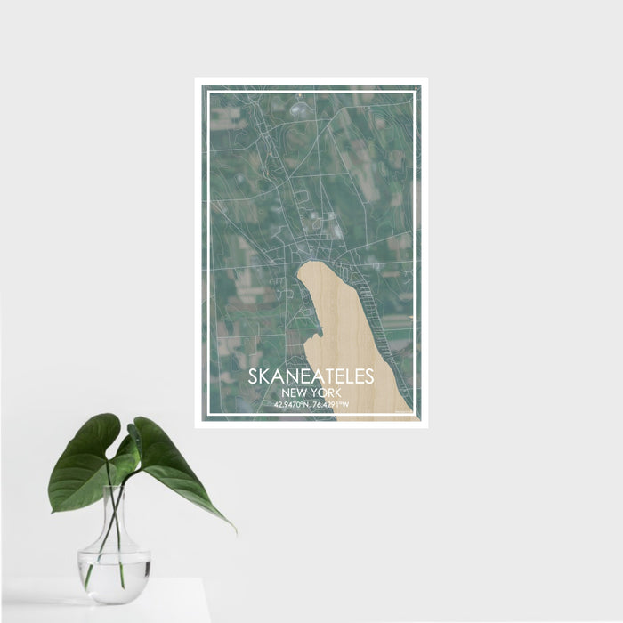 16x24 Skaneateles New York Map Print Portrait Orientation in Afternoon Style With Tropical Plant Leaves in Water