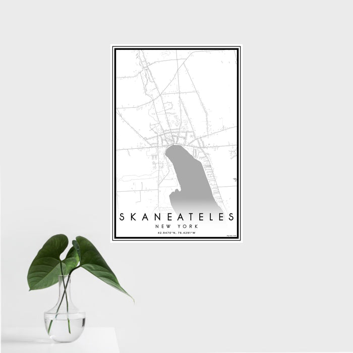 16x24 Skaneateles New York Map Print Portrait Orientation in Classic Style With Tropical Plant Leaves in Water