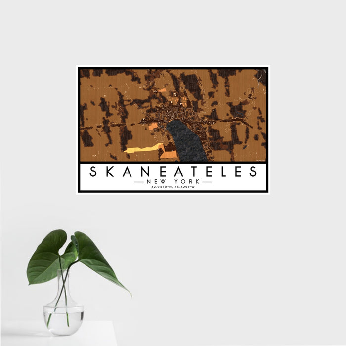 16x24 Skaneateles New York Map Print Landscape Orientation in Ember Style With Tropical Plant Leaves in Water