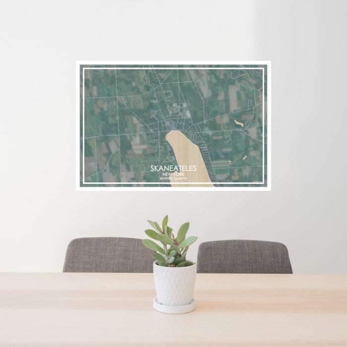 24x36 Skaneateles New York Map Print Lanscape Orientation in Afternoon Style Behind 2 Chairs Table and Potted Plant