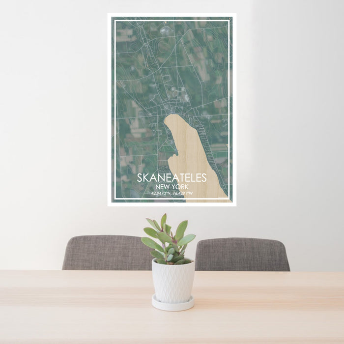 24x36 Skaneateles New York Map Print Portrait Orientation in Afternoon Style Behind 2 Chairs Table and Potted Plant
