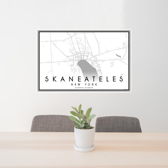 24x36 Skaneateles New York Map Print Lanscape Orientation in Classic Style Behind 2 Chairs Table and Potted Plant