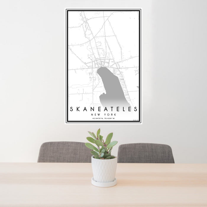 24x36 Skaneateles New York Map Print Portrait Orientation in Classic Style Behind 2 Chairs Table and Potted Plant