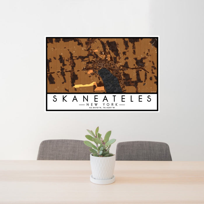 24x36 Skaneateles New York Map Print Lanscape Orientation in Ember Style Behind 2 Chairs Table and Potted Plant