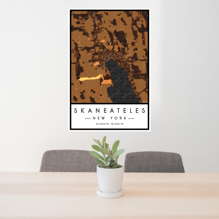 24x36 Skaneateles New York Map Print Portrait Orientation in Ember Style Behind 2 Chairs Table and Potted Plant