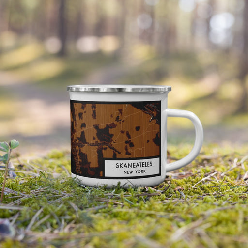 Right View Custom Skaneateles New York Map Enamel Mug in Ember on Grass With Trees in Background