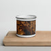 Front View Custom Skaneateles New York Map Enamel Mug in Ember on Cutting Board