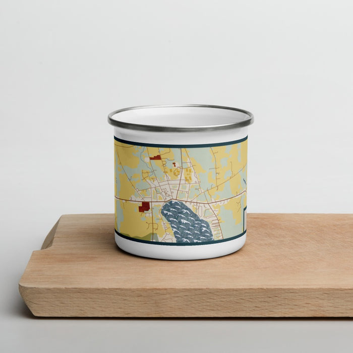 Front View Custom Skaneateles New York Map Enamel Mug in Woodblock on Cutting Board