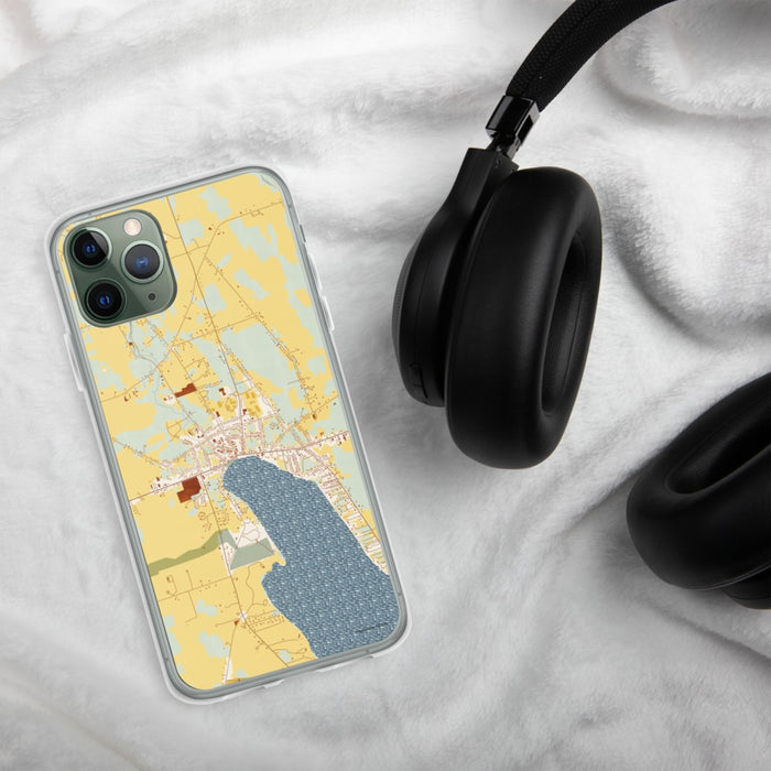 Custom Skaneateles New York Map Phone Case in Woodblock on Table with Black Headphones
