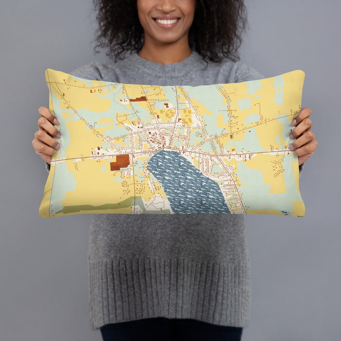 Person holding 20x12 Custom Skaneateles New York Map Throw Pillow in Woodblock