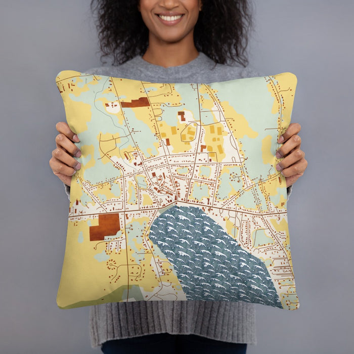 Person holding 18x18 Custom Skaneateles New York Map Throw Pillow in Woodblock