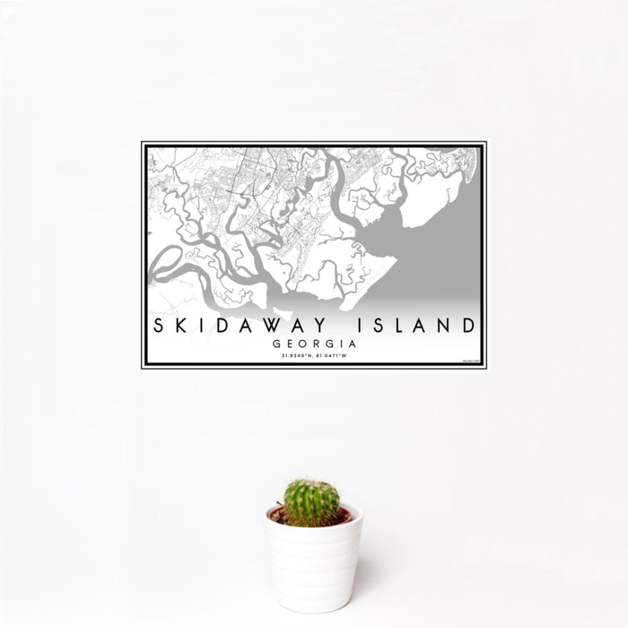 12x18 Skidaway Island Georgia Map Print Landscape Orientation in Classic Style With Small Cactus Plant in White Planter