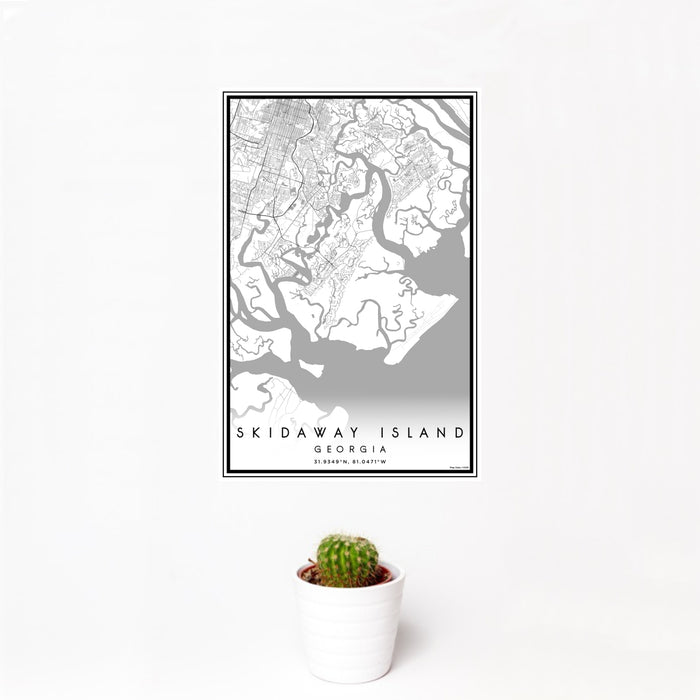 12x18 Skidaway Island Georgia Map Print Portrait Orientation in Classic Style With Small Cactus Plant in White Planter