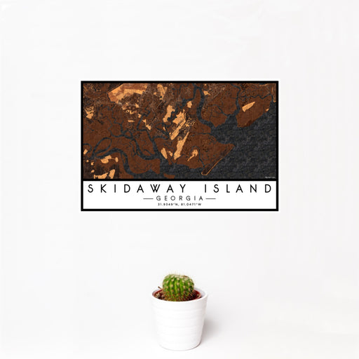 12x18 Skidaway Island Georgia Map Print Landscape Orientation in Ember Style With Small Cactus Plant in White Planter