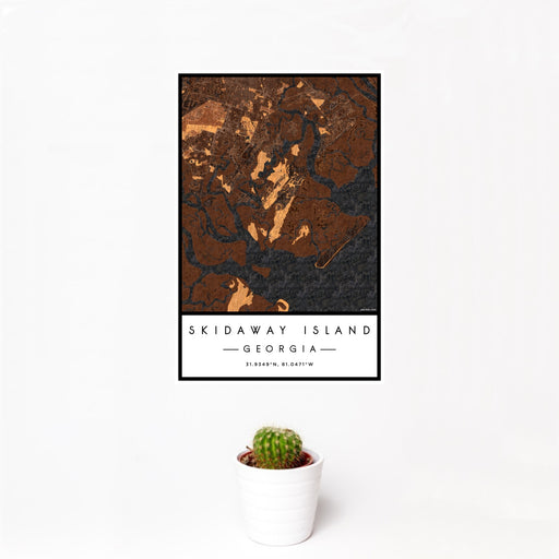 12x18 Skidaway Island Georgia Map Print Portrait Orientation in Ember Style With Small Cactus Plant in White Planter