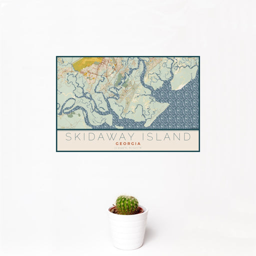 12x18 Skidaway Island Georgia Map Print Landscape Orientation in Woodblock Style With Small Cactus Plant in White Planter