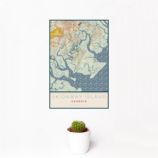 12x18 Skidaway Island Georgia Map Print Portrait Orientation in Woodblock Style With Small Cactus Plant in White Planter