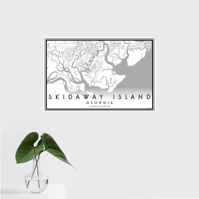 16x24 Skidaway Island Georgia Map Print Landscape Orientation in Classic Style With Tropical Plant Leaves in Water