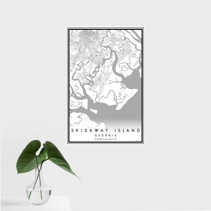 16x24 Skidaway Island Georgia Map Print Portrait Orientation in Classic Style With Tropical Plant Leaves in Water