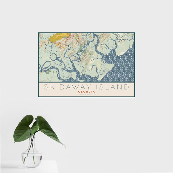 16x24 Skidaway Island Georgia Map Print Landscape Orientation in Woodblock Style With Tropical Plant Leaves in Water