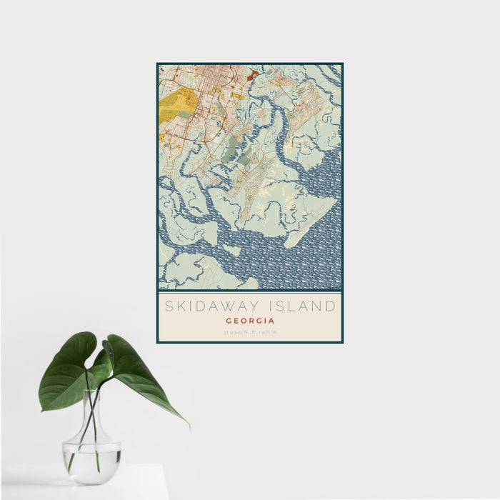 16x24 Skidaway Island Georgia Map Print Portrait Orientation in Woodblock Style With Tropical Plant Leaves in Water