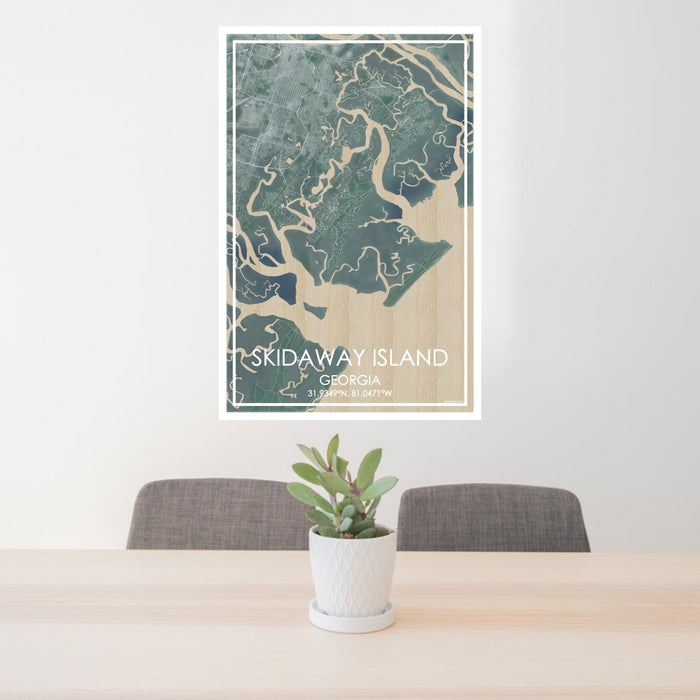 24x36 Skidaway Island Georgia Map Print Portrait Orientation in Afternoon Style Behind 2 Chairs Table and Potted Plant
