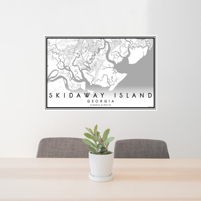 24x36 Skidaway Island Georgia Map Print Lanscape Orientation in Classic Style Behind 2 Chairs Table and Potted Plant