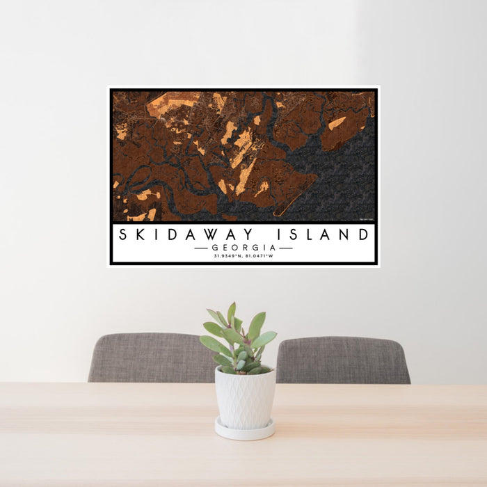 24x36 Skidaway Island Georgia Map Print Lanscape Orientation in Ember Style Behind 2 Chairs Table and Potted Plant