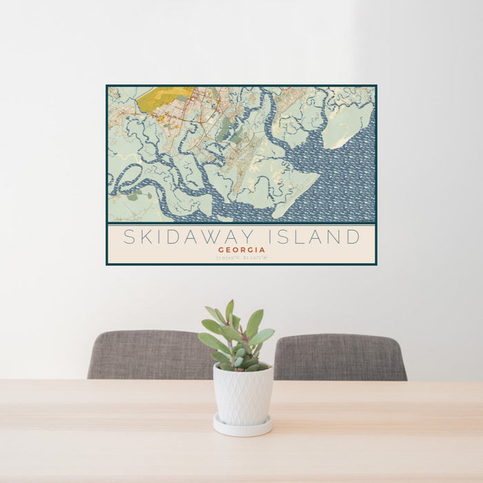 24x36 Skidaway Island Georgia Map Print Lanscape Orientation in Woodblock Style Behind 2 Chairs Table and Potted Plant