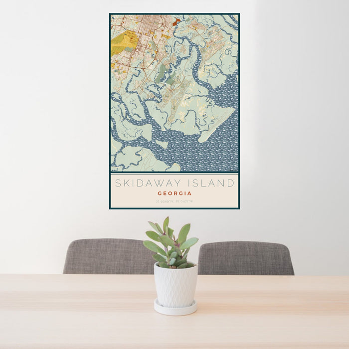 24x36 Skidaway Island Georgia Map Print Portrait Orientation in Woodblock Style Behind 2 Chairs Table and Potted Plant