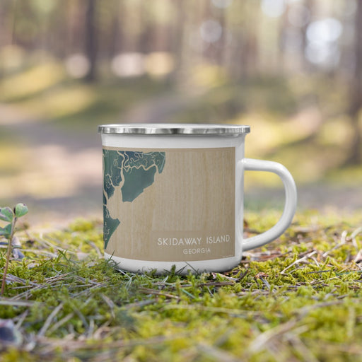 Right View Custom Skidaway Island Georgia Map Enamel Mug in Afternoon on Grass With Trees in Background